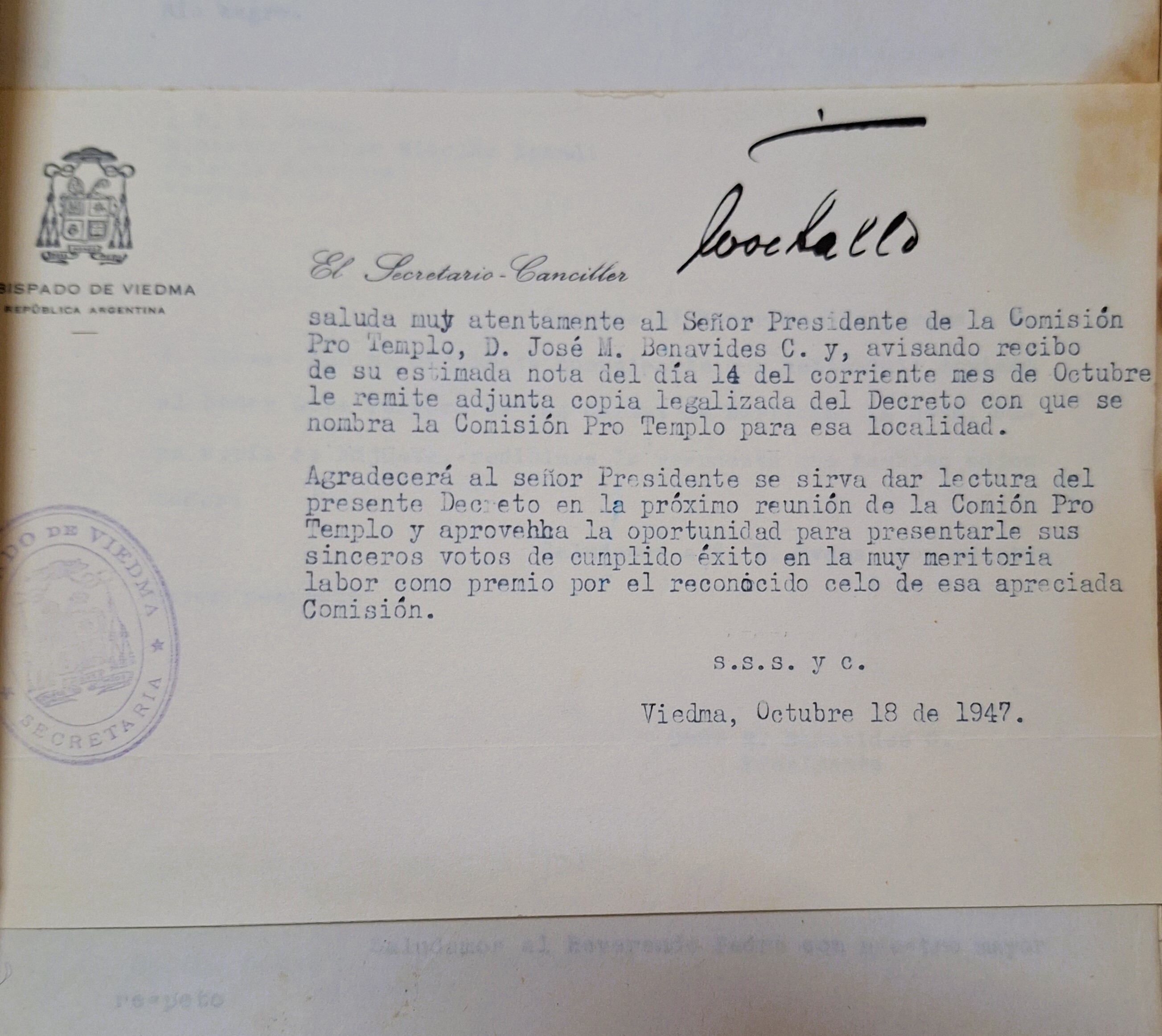 el bolson parroquia nota obispado a pro templo Benavidez 1935.jpg