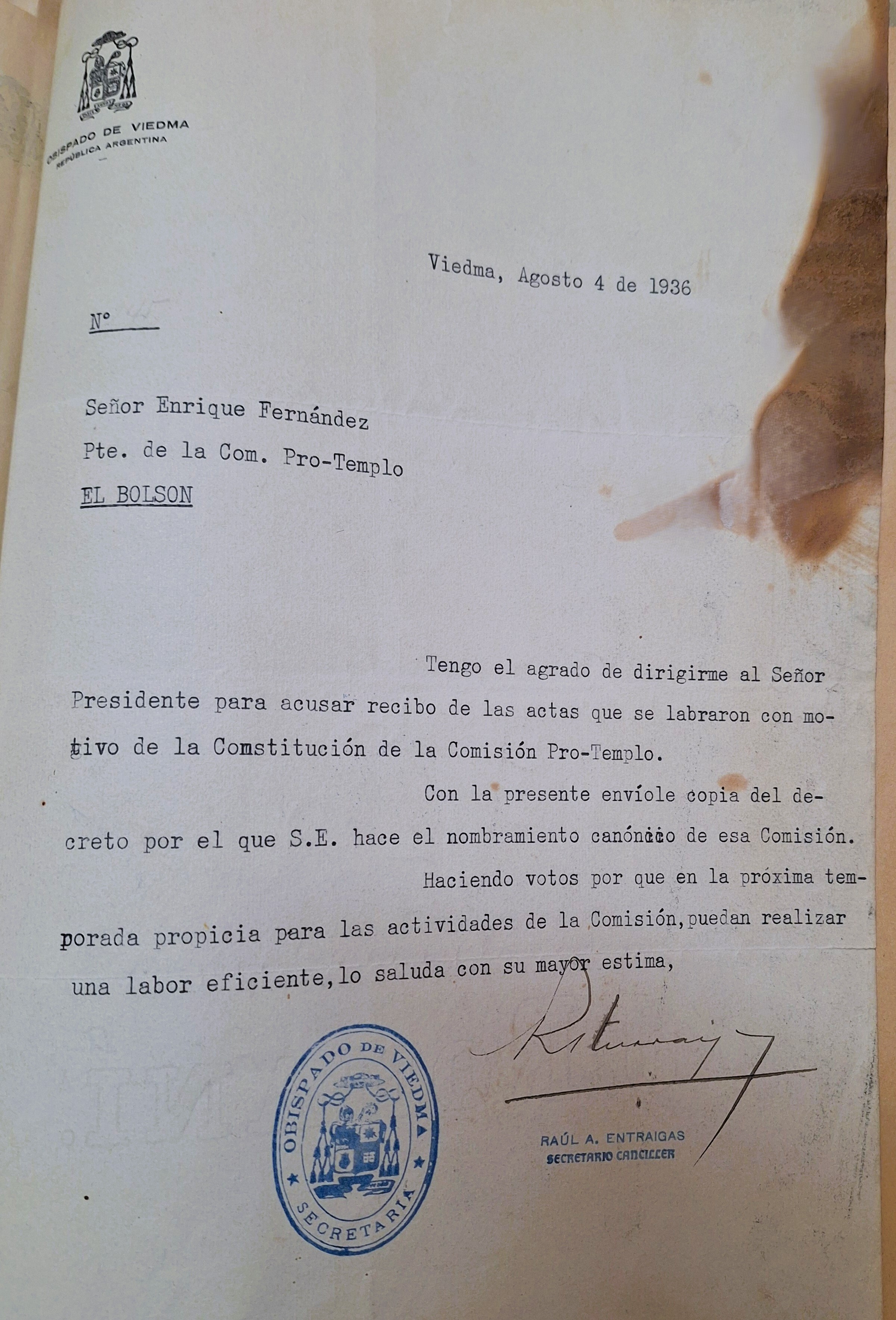 el bolson parroquia nota obispo a pro templo 1936.jpg