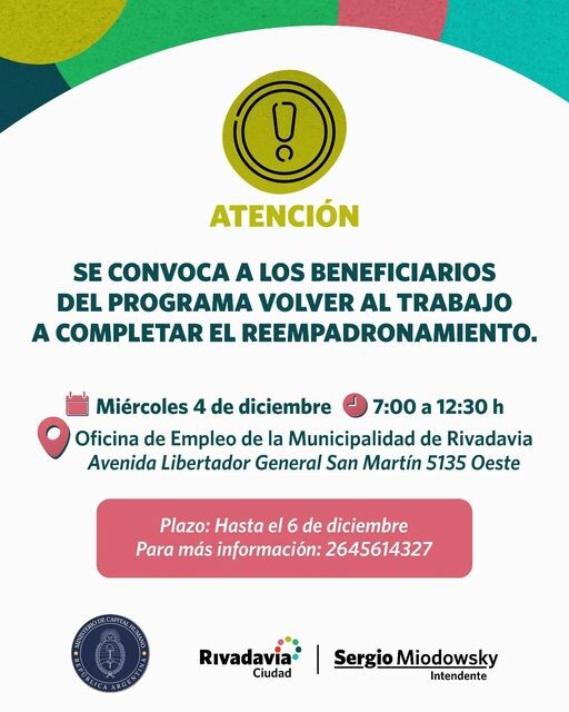 El municipio de Rivadavia realizara un re empadronamiento para beneficiarios   del Programa Volver al Trabajo
