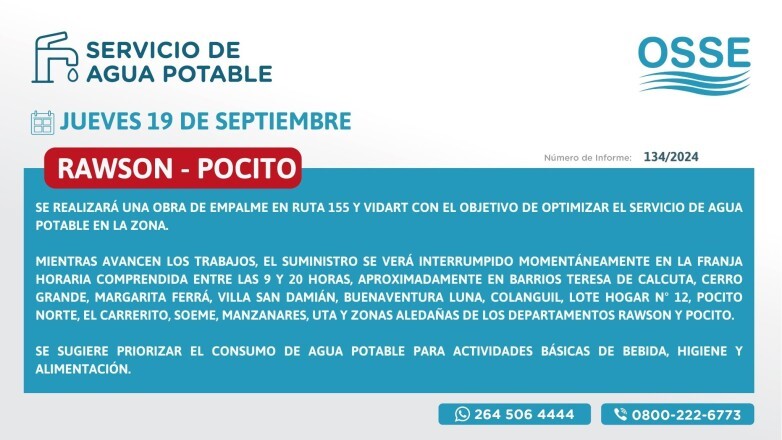 Obras Sanitarias hará una obra de empalme en Ruta 155 y Vidart en los limites de Pocito y Rawson