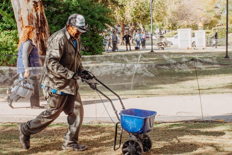 La Dirección de Espacios Verdes comenzó con  la resiembra otoñal en los jardines del Centro Cívico y en la plaza del Teatro del Bicentenario.