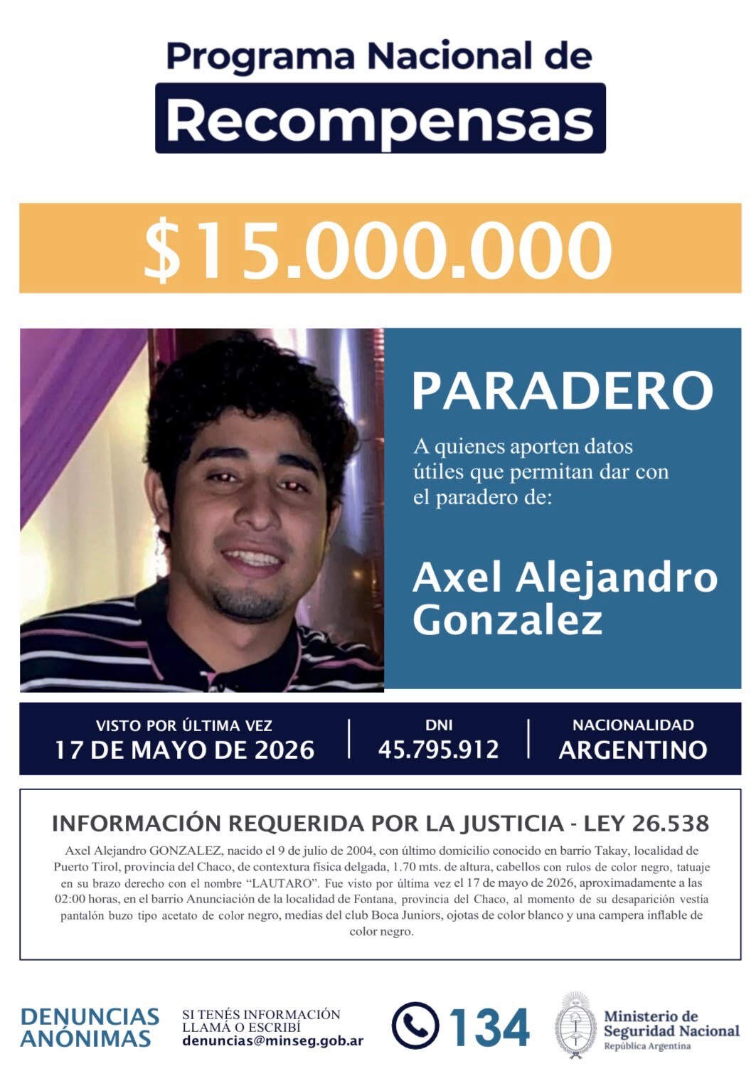 f8fac75e-27b1-4d5c-aa57-59d8a6018a45.jpeg AUMENTARON A MILLONES LA RECOMPENSA PARA QUIEN APORTE DATOS SOBRE EL PARADERO DE AXEL ALEJANDRO GONZÁLEZ