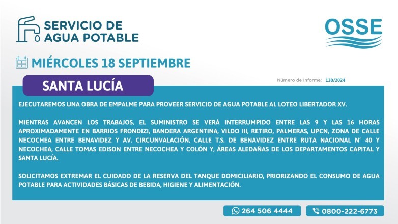 Realizarán una obra para brindar servicio de agua potable al Loteo Libertador XV, Santa Lucía
