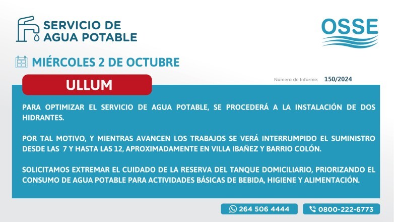 Instalarán dos hidrantes en Ullum para optimizar el servicio de agua potable