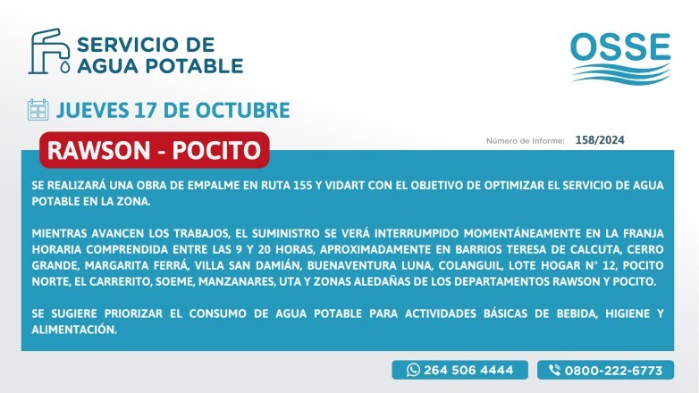 Obras Sanitarias realizará una obra de empalme en Ruta 155 y Vidart este jueves