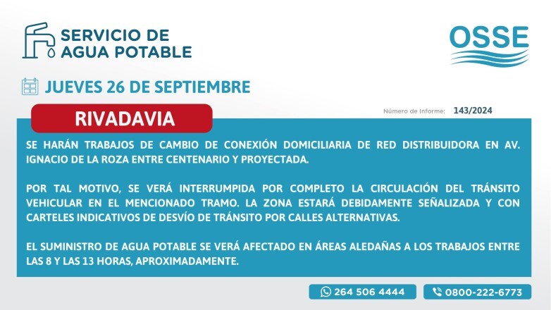 OSSE hará trabajos de cambio de conexión domiciliaria de red distribuidora en Rivadavia