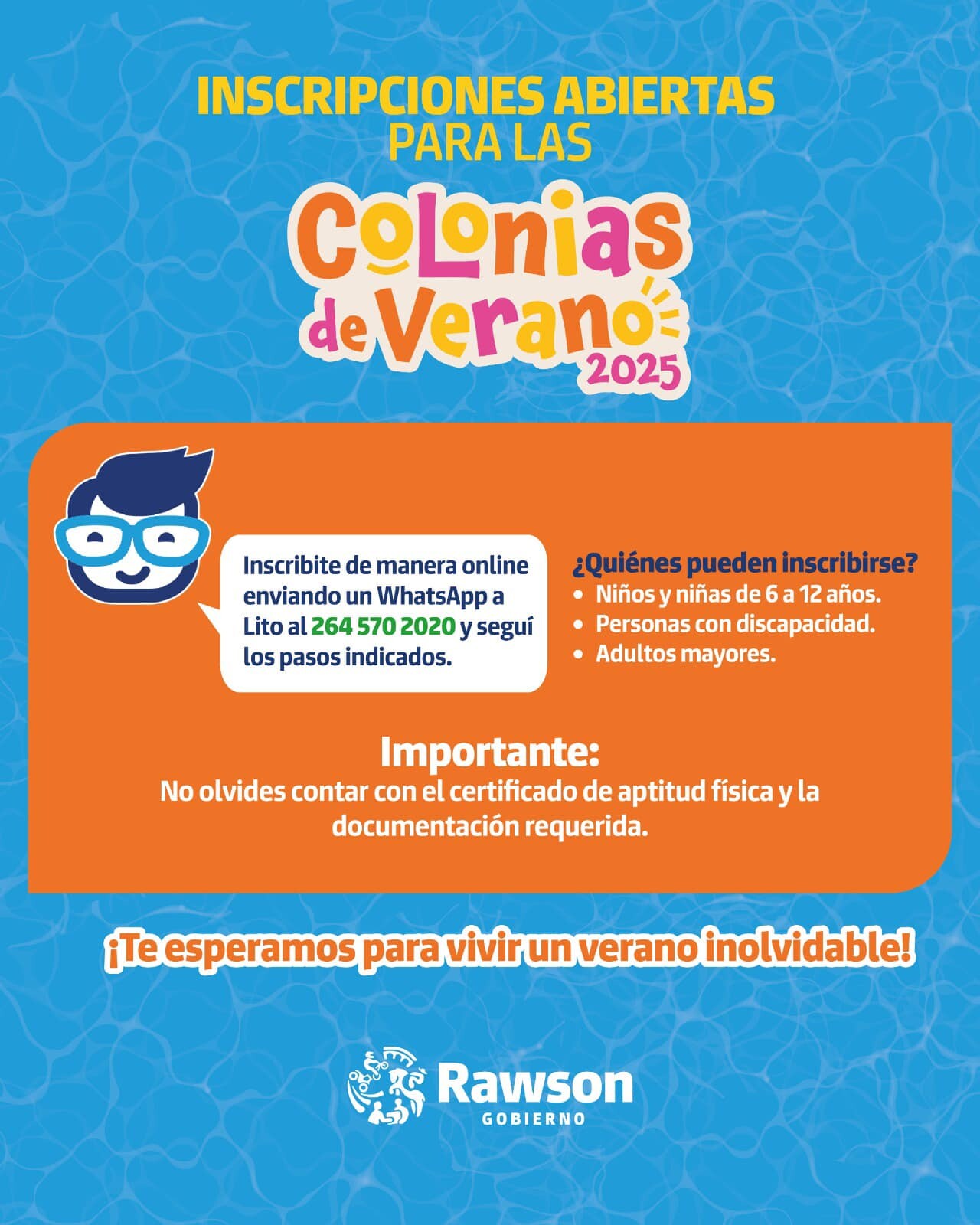 La Municipalidad de la Ciudad de Rawson, junto al Ministerio de Familia y Desarrollo Humano de la provincia, invita a niños, niñas, de 6 a 12 años, adultos mayores y personas con discapacidad a participar de las Colonias de Verano, que se realizarán del 7 al 31 de enero de 2025