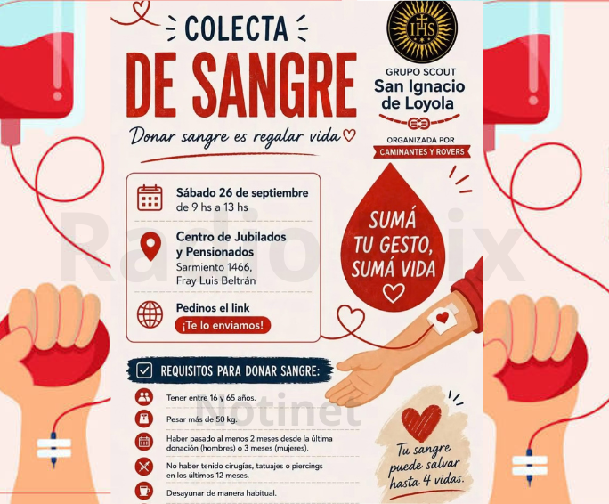 Convocan a una colecta voluntaria de sangre en Fray Luis Beltrán