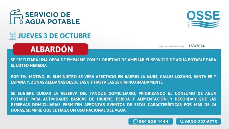 Obras Sanitarias amplía el servicio de agua potable para el Loteo Heredia en Albardón