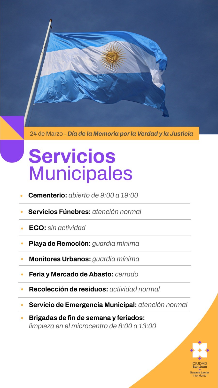 CIUDAD: el Municipio capitalino informa cronograma de día feriado del 24 de marzo 2025
