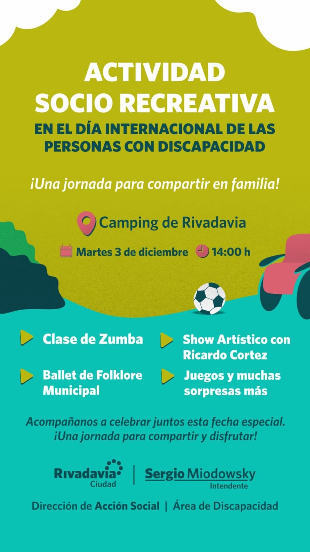 En el dia internacional de las Personas con Discapacidad, el municipio de Rivadavia realizara una jornada con actividad socio recreativa para toda la familia.