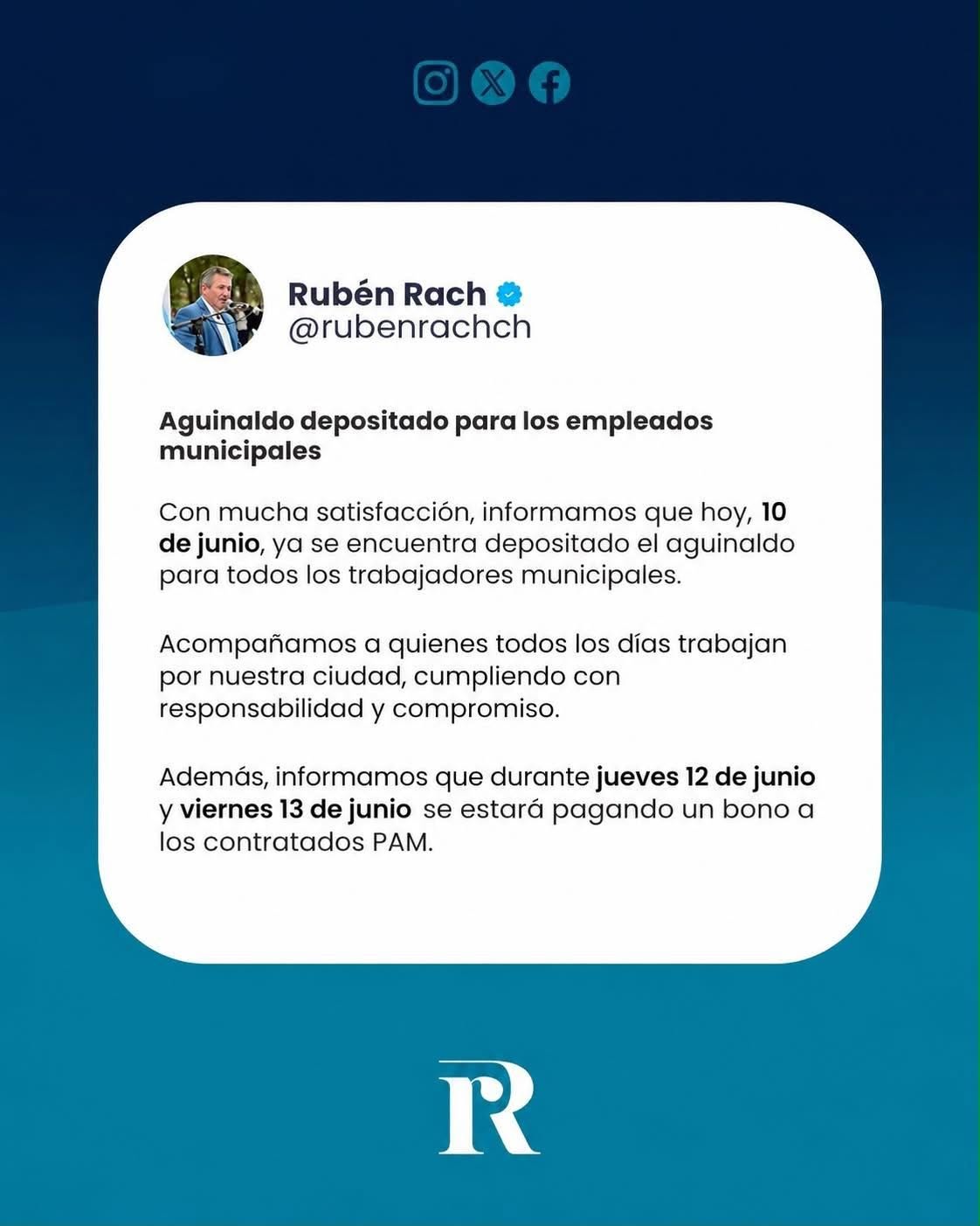 EL INTENDENTE RACH ANUNCIO EL PAGO DEL AGUINALDO A EMPLEADOS MUNICIPALES