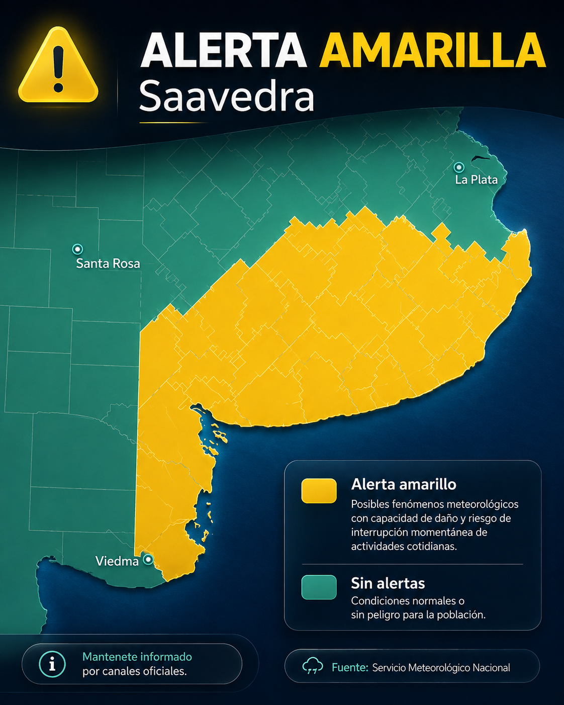 Alerta amarilla: Saavedra y varias localidades de la región podrían tener tormentas durante la madrugada del miércoles