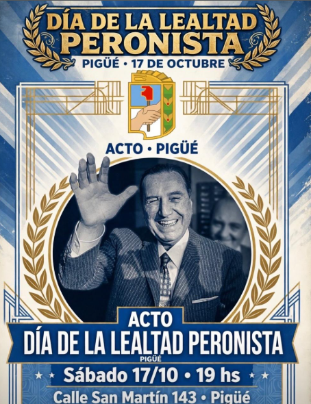 Pigüé: el Partido Justicialista realizará un acto por el Día de la Lealtad Peronista