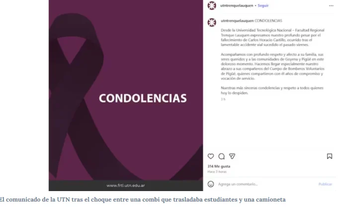 El comunicado de la UTN tras el choque entre una combi que trasladaba estudiantes y una camioneta