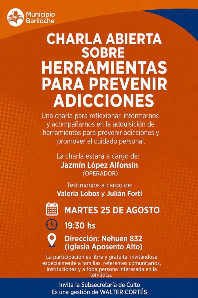 Invitación abierta: Bariloche sumará un espacio de reflexión y herramientas para la prevención de adicciones