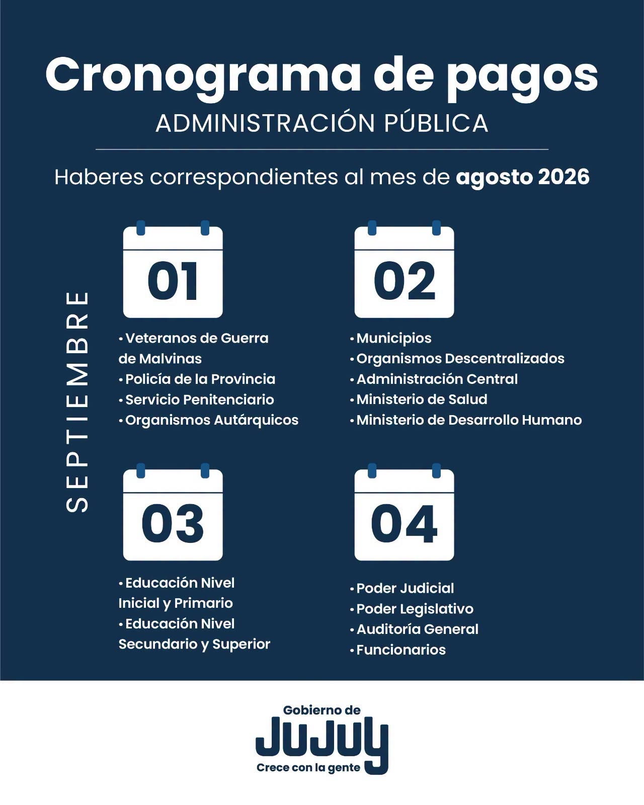 👉 Cronograma de pagos de los haberes correspondientes al mes de agosto para la Administración Pública de Jujuy.