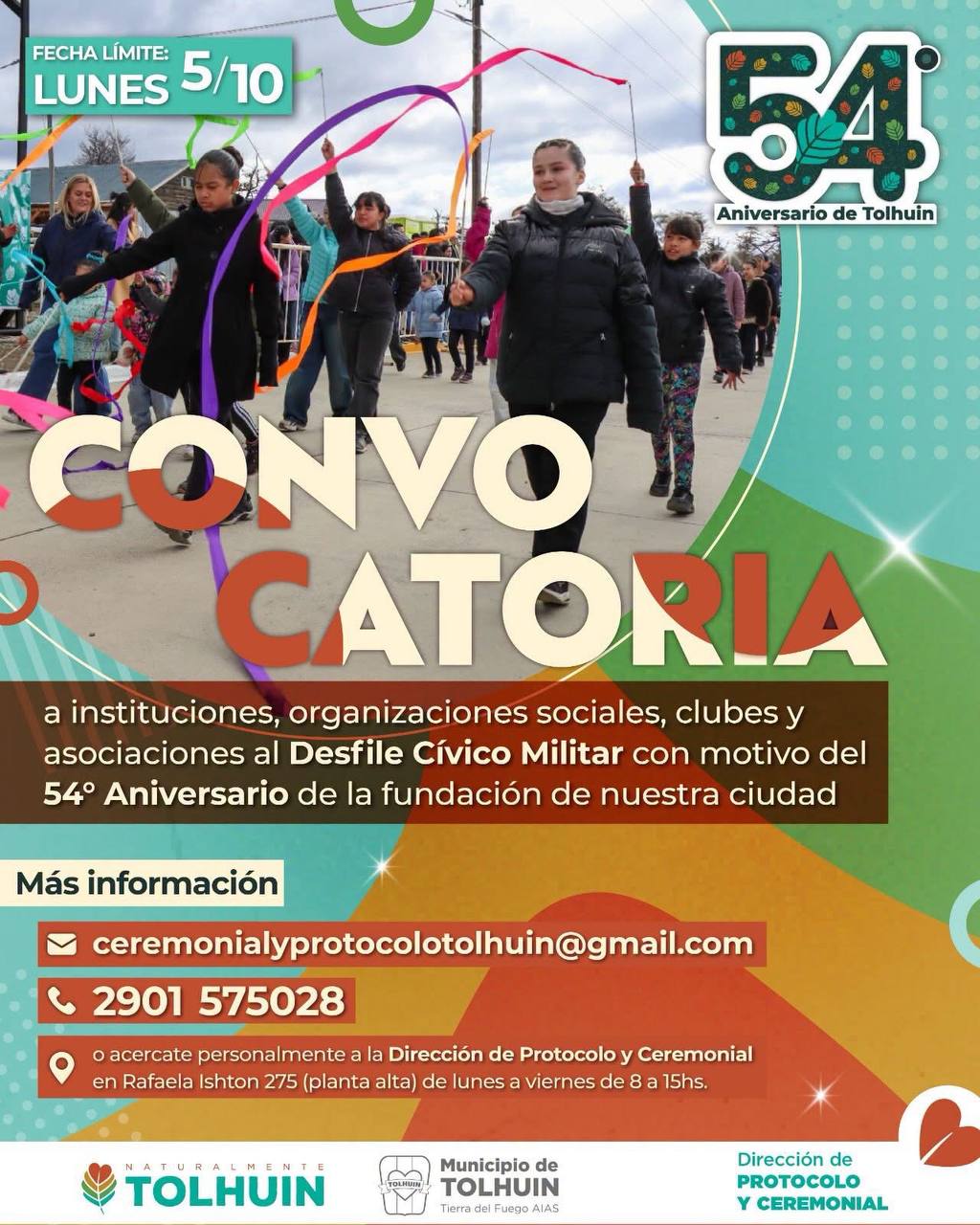 CONVOCAN A INSTITUCIONES A PARTICIPAR DEL DESFILE POR EL 54° ANIVERSARIO DE TOLHUIN