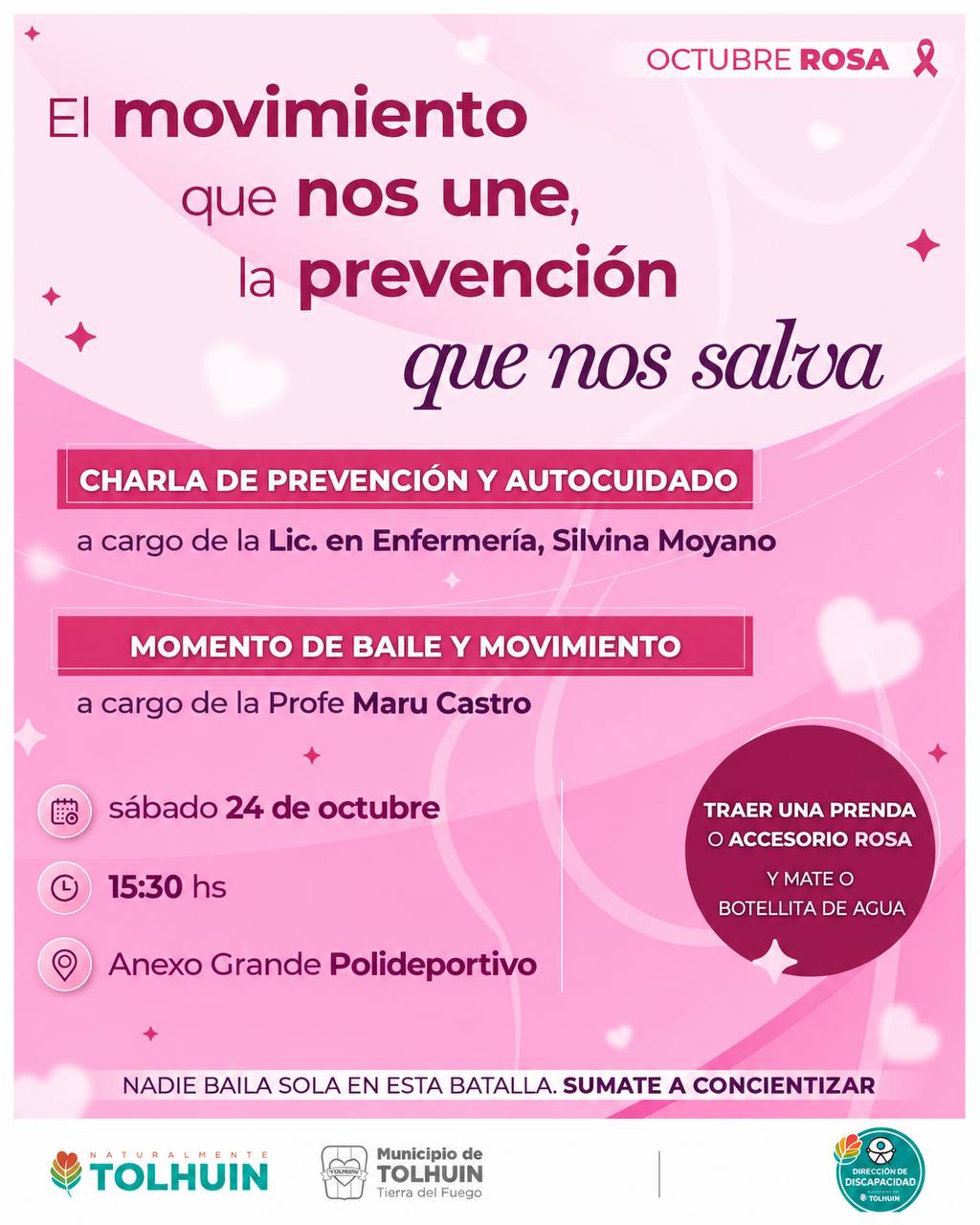 OCTUBRE ROSA: EL MUNICIPIO DE TOLHUIN INVITA A UNA JORNADA DE PREVENCION, AUTOCUIDADO Y MOVIMIENTO