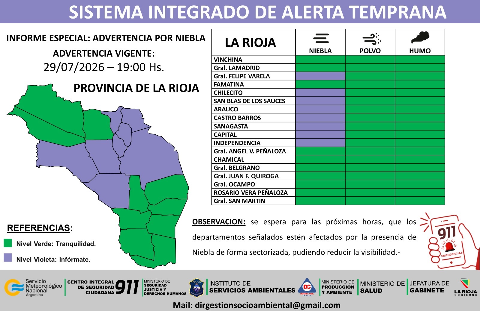 Difunden alerta preventivo por lluvias aisladas, vientos, humo y niebla