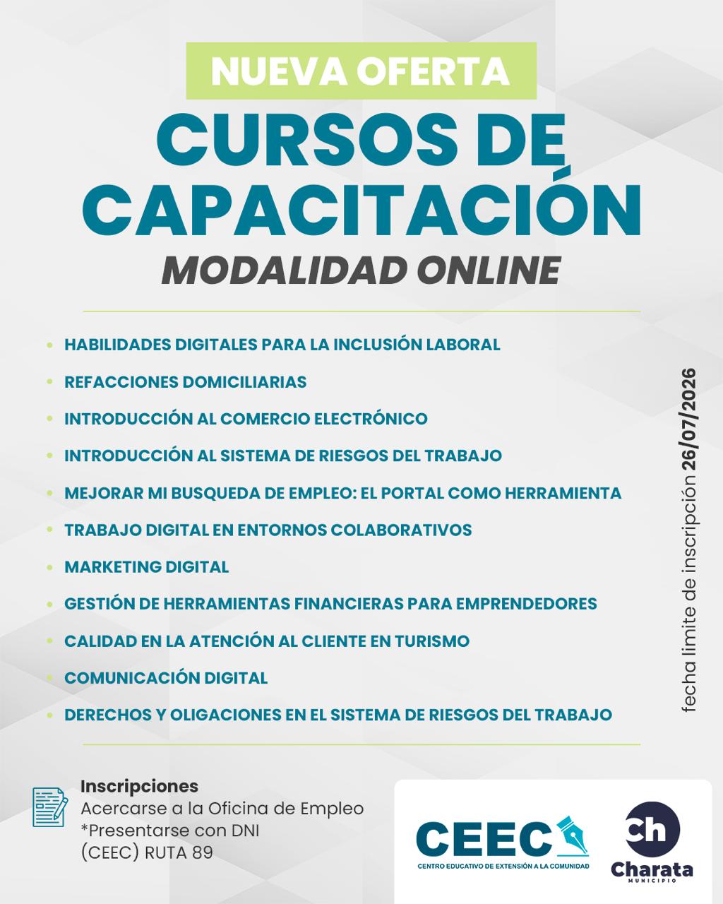 MUNICIPIO DE CHARATA: CURSOS DE CAPACITACIÓN (MODALIDAD ONLINE).