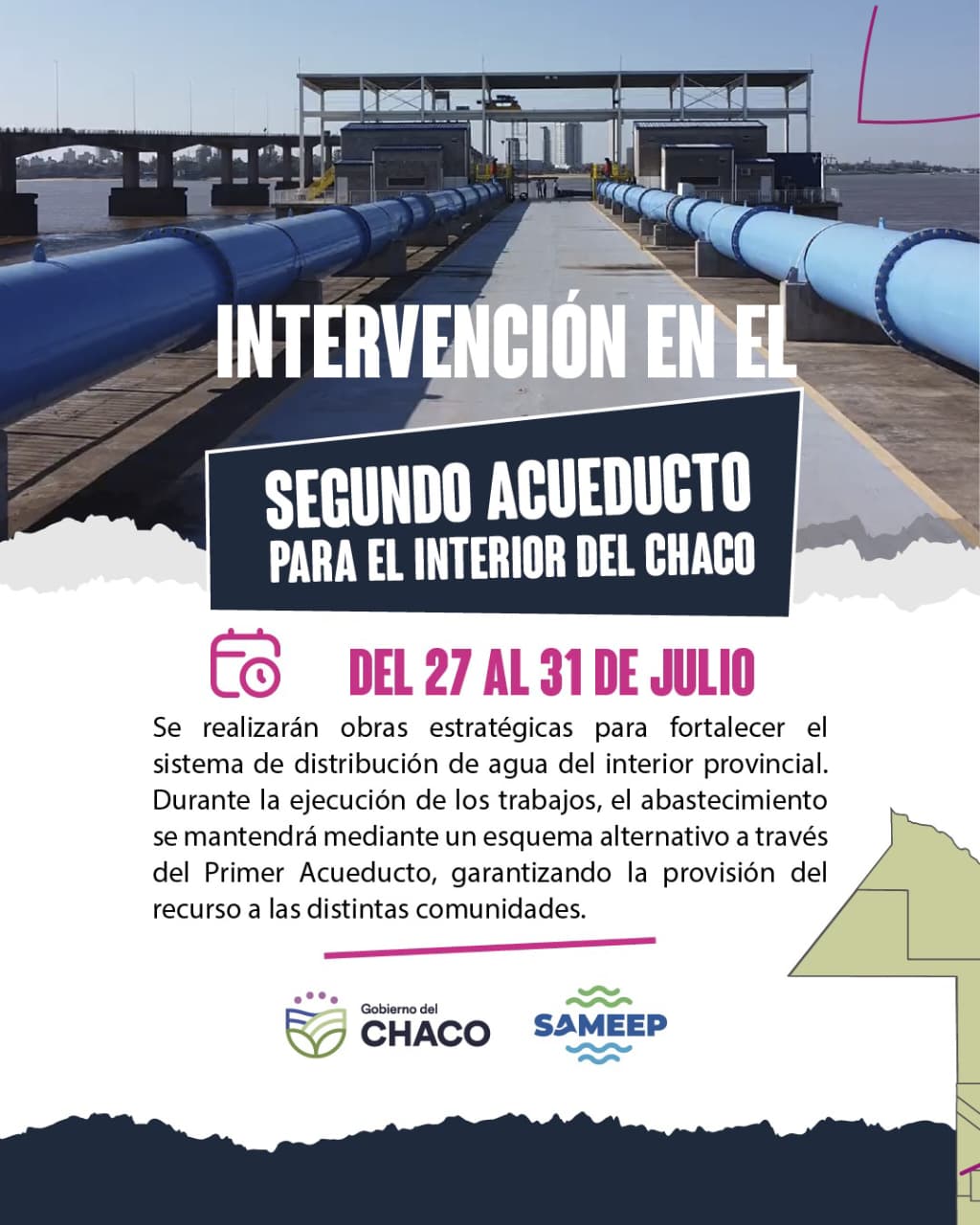 MUNICIPIO DE CHARATA: DEL 27 AL 31 DE JULIO SE VERÁ INTERRUMPIDO EL SERVICIO DE AGUA POTABLE.