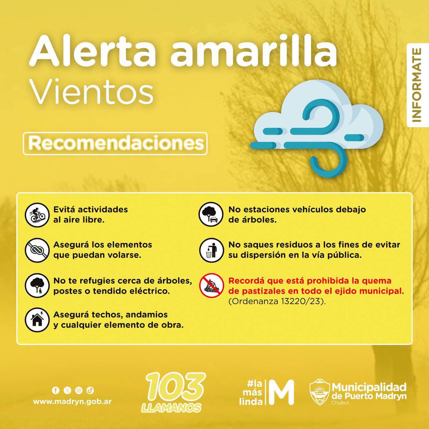 ALERTA AMARILLA POR VIENTOS EN #MADRYN