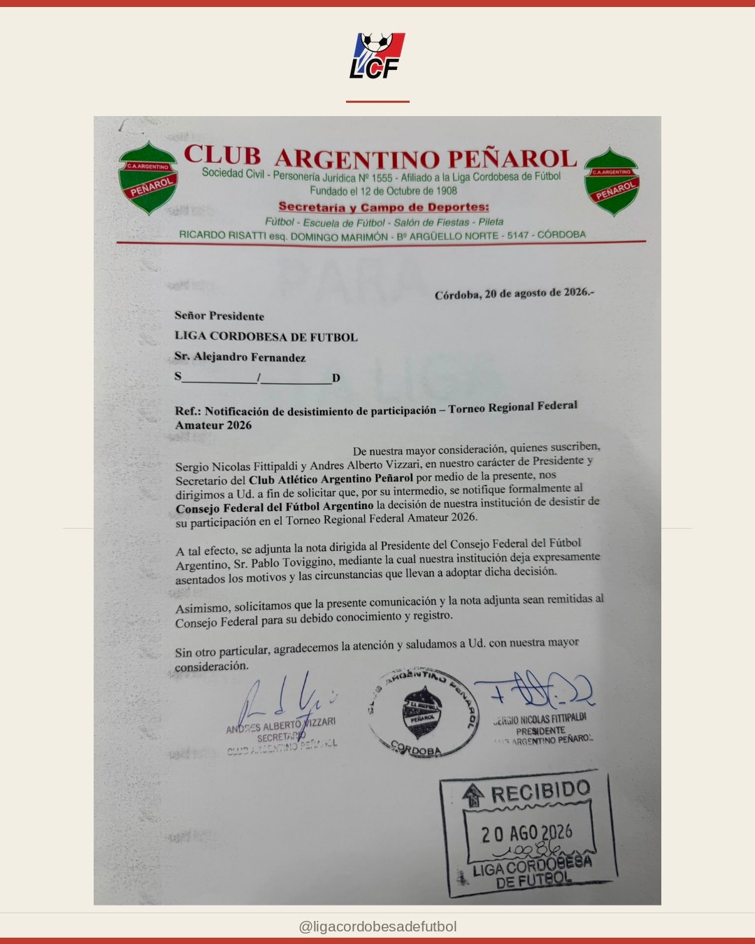 Desistió de participar del Torneo Regional Federal Amateur 2026