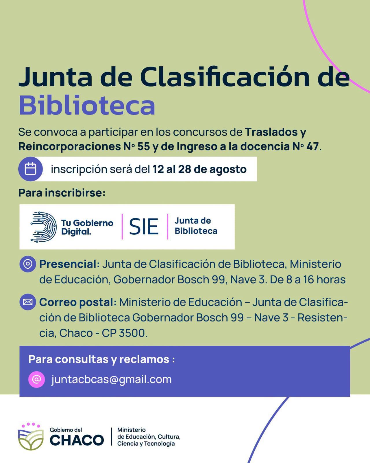 CHACO: JUNTA DE CLASIFICACIÓN DE BIBLIOTECAS ABRE LA INSCRIPCIÓN PARA LOS CONCURSOS DE TRASLADOS, REINCORPORACIONES E INGRESO A LA DOCENCIA