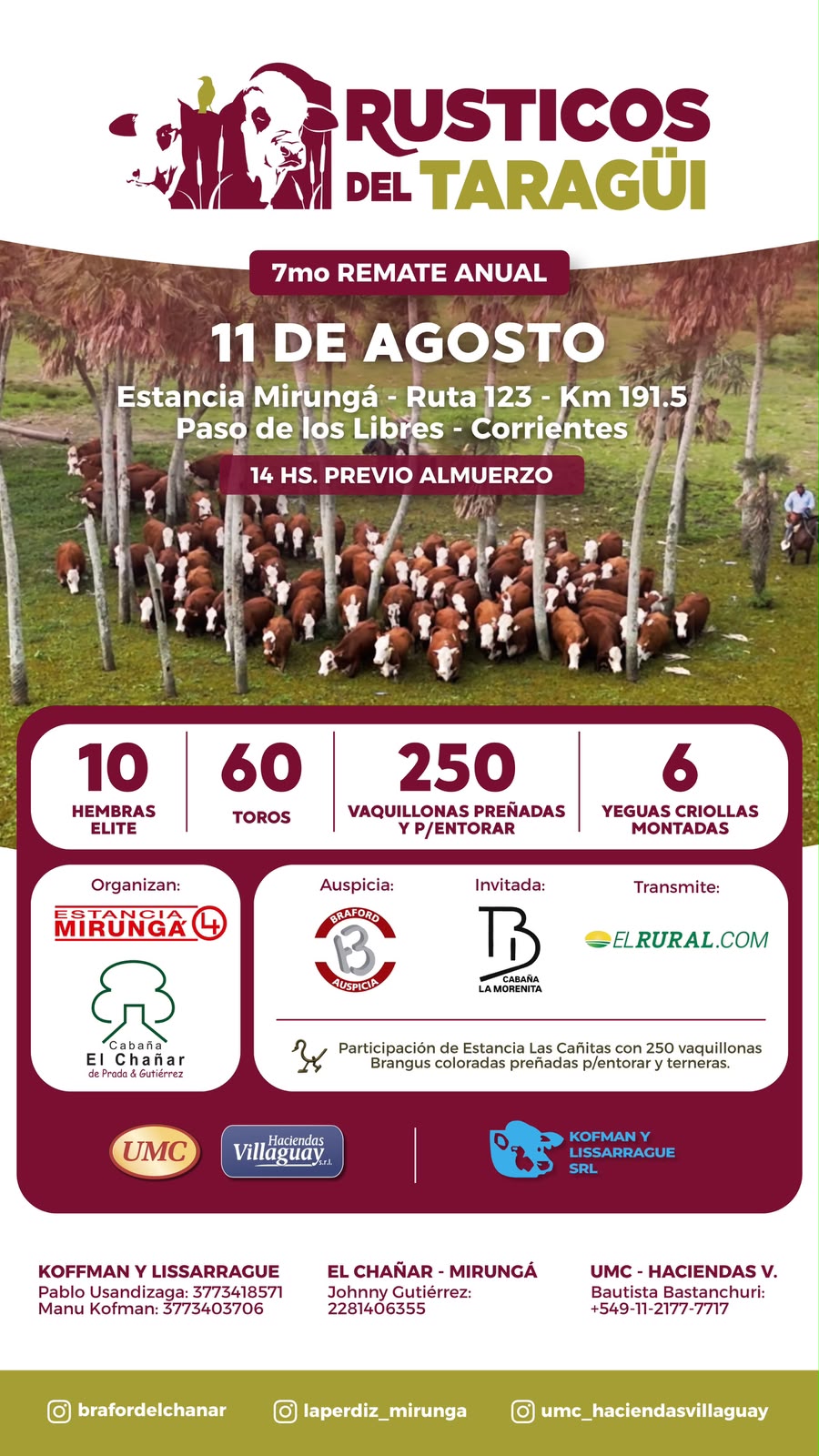 HOY SÉPTIMO REMATE ANUAL DE «RÚSTICOS DEL TARAGÜÍ » EN ESTANCIA MIRUNGÁ (PASO DE LOS LIBRES CTES. )