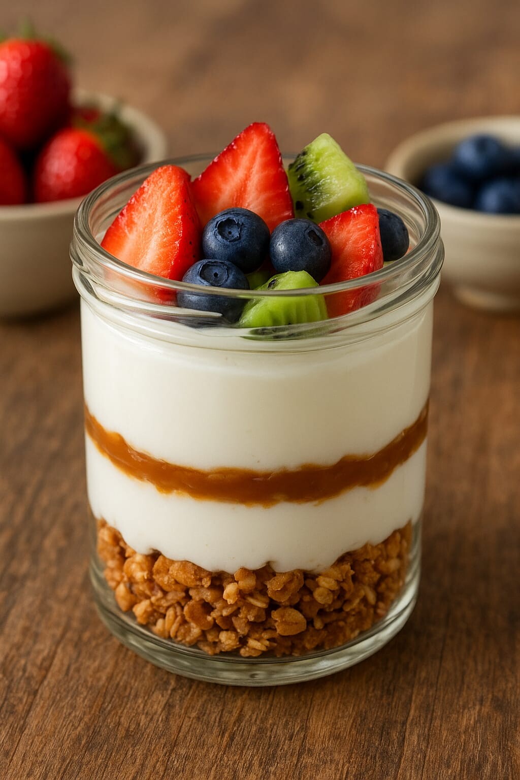 Postre de Yogur Natural con Frutas y Capa Crujiente de Granola Una receta dulce, fresca y saludable